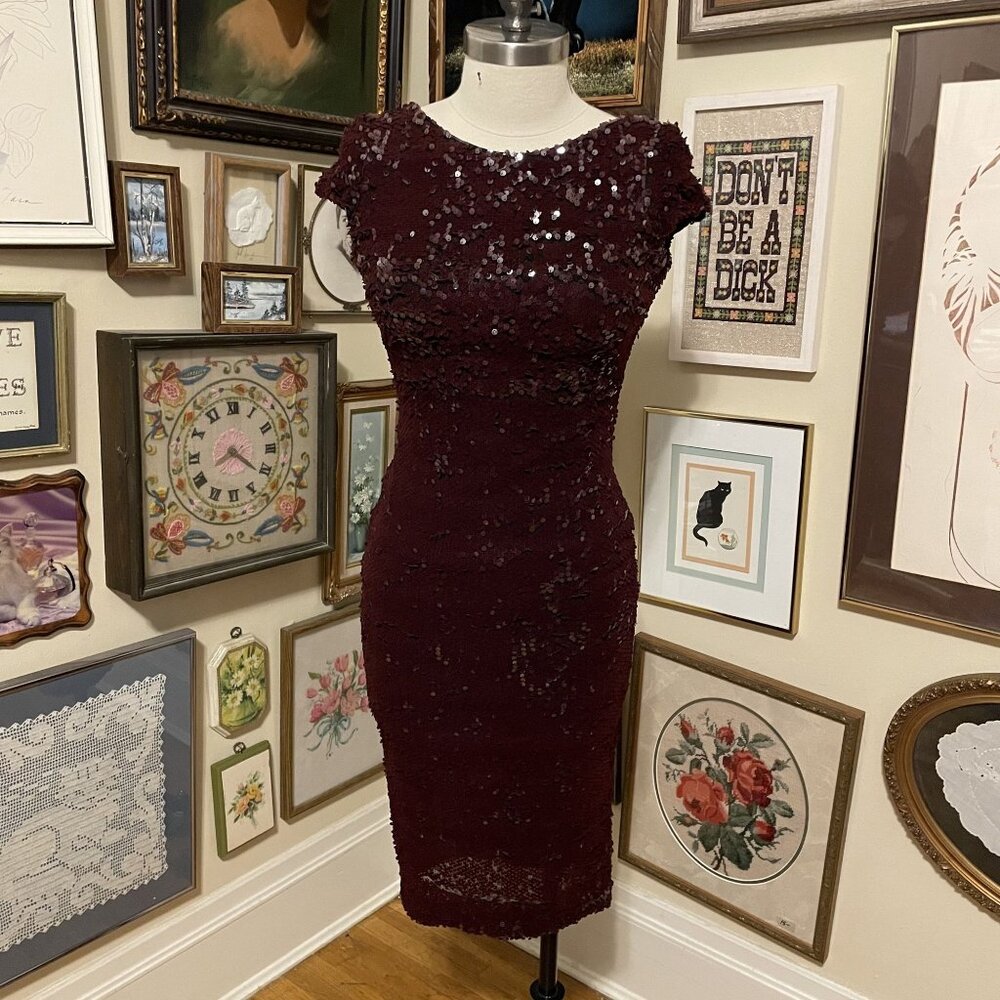 Dress The Population Burgundy Sequin Low Back Bodycon Cocktail Dress Size M